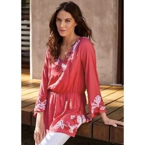 Soft Surroundings | NEW Floral‎ Crush Tunic Boho Coral Embroidered Beaded Top S